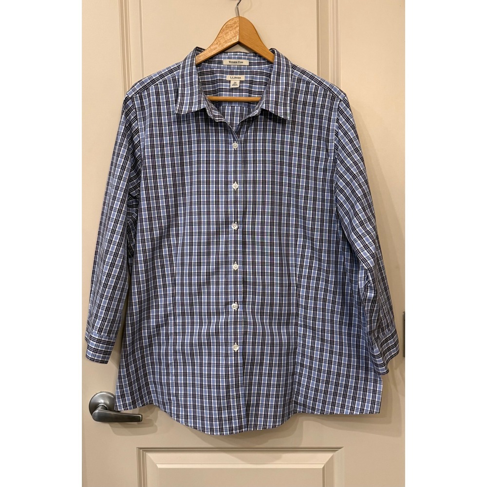 LL Bean Womens Wrinkle Free Blue Plaid 3/4 Sleeve Button Down Shirt Plus Size 2X